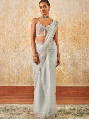 Light Blue Corset Style Embroidered Saree by Lashkaraa